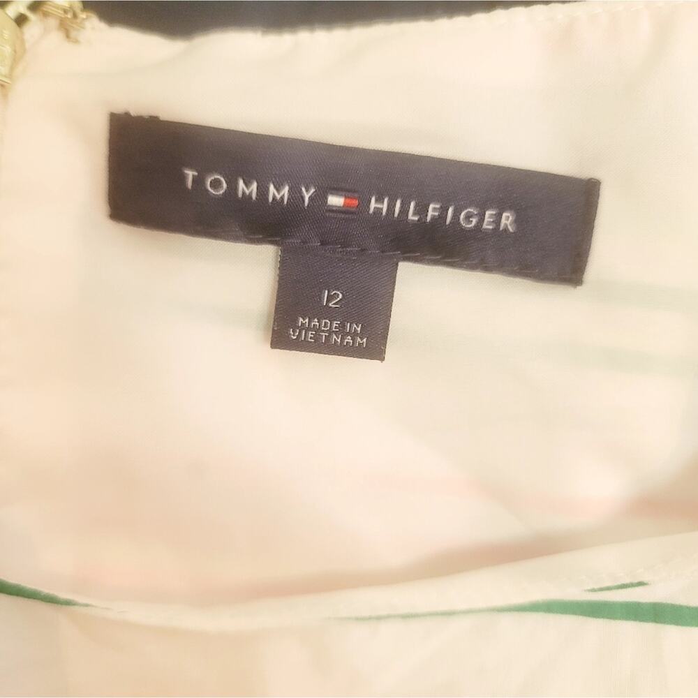 TOMMY HILFIGER White Neon Striped Cotton Pleated Fit & Flare Dress Pleated - Picture 14 of 16